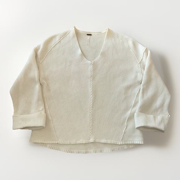 Free People La Brea Cream Ribbed Knit V Neck Sweater Womens Small Oversize Cozy - Picture 2 of 8